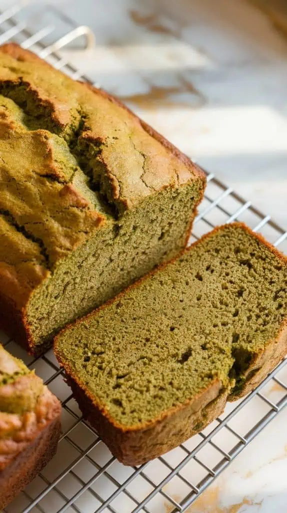 a freshly baked matcha banana bread on a wire rack, showing its slightly cracked golden-green crust