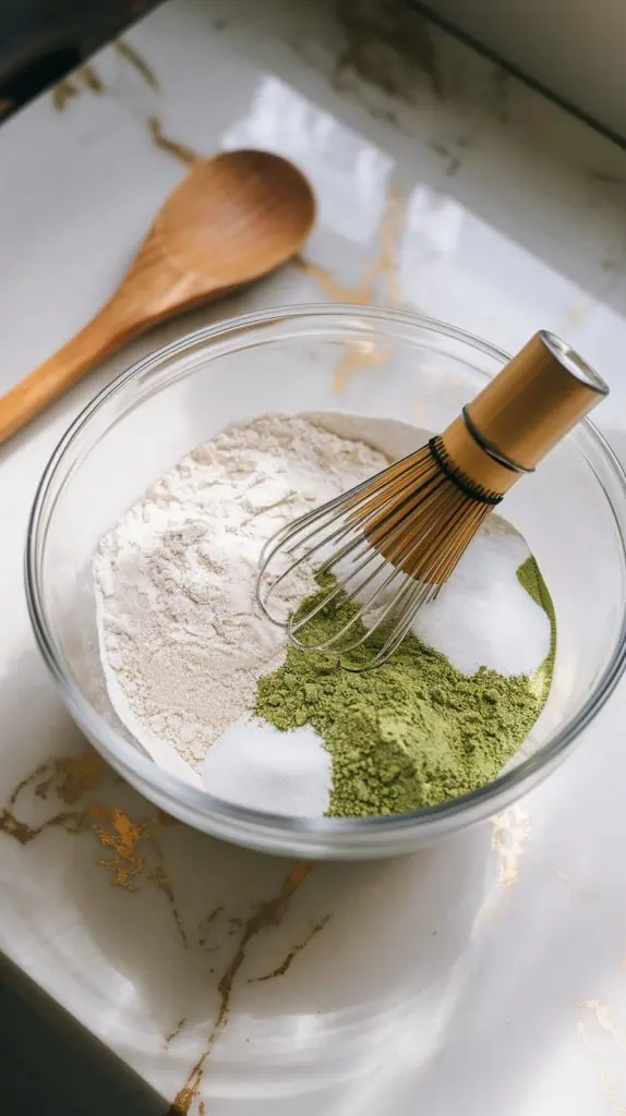 a glass mixing bowl filled with flour, baking powder, baking soda, matcha powder, salt, and granulated sugar, all freshly whisked together with a small metal whisk