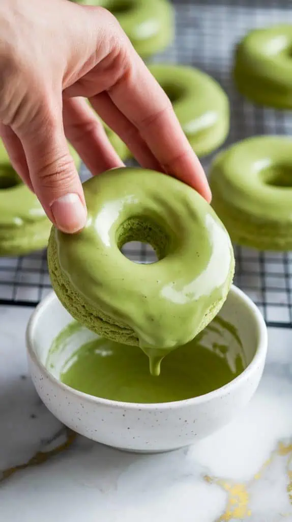 a hand dipping a freshly baked vibrant green matcha donut into a bowl of glossy matcha cream cheese glaze