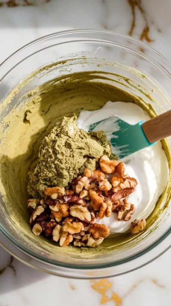 a mixing bowl with the wet banana mixture and the dry flour-matcha mixture being folded together with a spatula