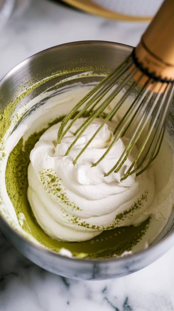 a mixing bowl filled with whipped cream, sugar, and matcha powder