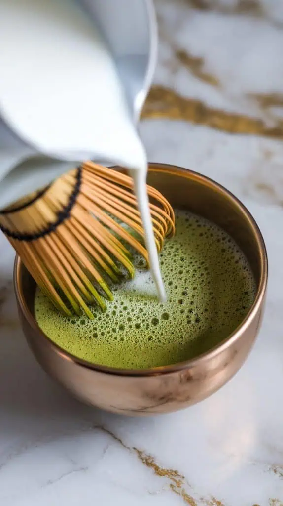 a small bowl with vibrant green matcha being whisked into a smooth, frothy liquid
