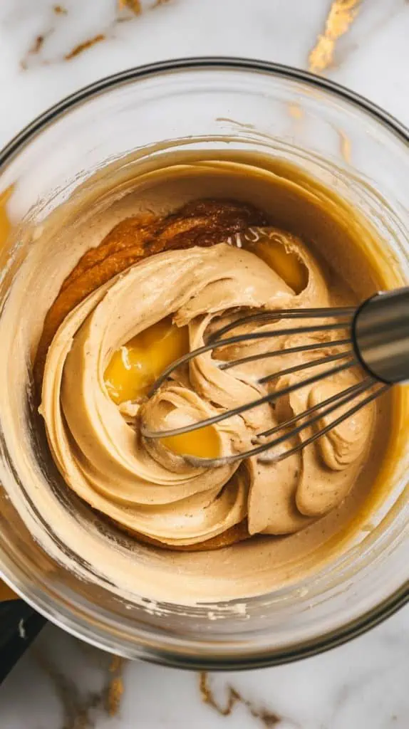 a mixing bowl filled with completely mashed bananas that have turned into a smooth, almost liquid consistency, mixed with eggs, melted butter, brown sugar, honey, and vanilla extract