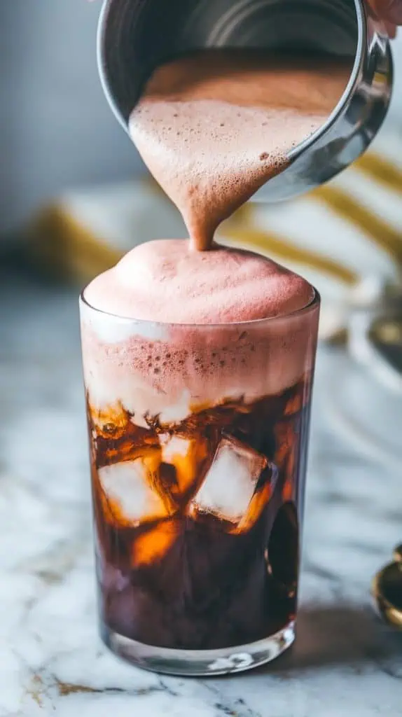 thick, fluffy pink-ish strawberry foam being poured from the small bowl onto the dark cold brew with clear ice cubes in a tall glass, forming a perfect layer on top