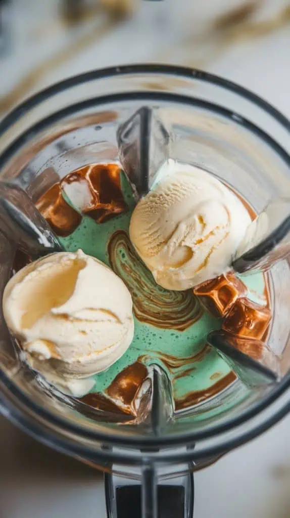 a blender filled with crème de menthe syrup (vibrant green), crème de cacao  (clear), heavy cream (rich white), scoops of vanilla ice cream, and ice cubes