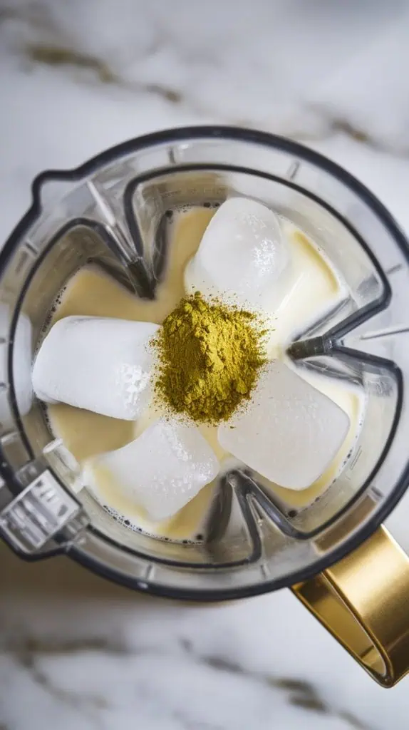 a blender filled with cold coconut milk, large ice cubes, and bright green matcha powder gently resting on top