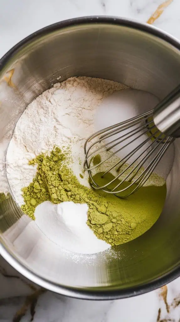 a large mixing bowl with flour, vibrant green matcha powder, granulated sugar, baking powder, and salt.