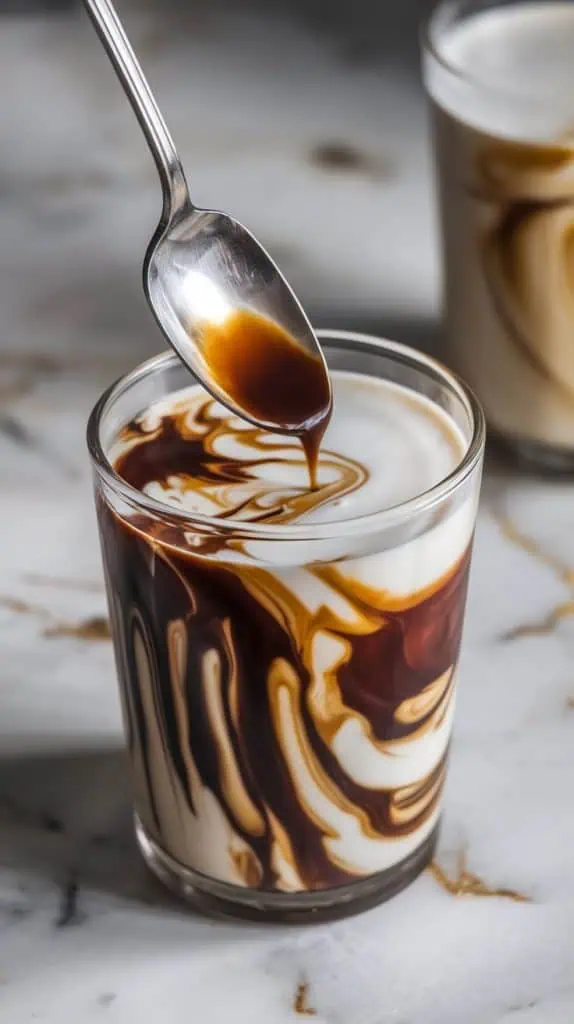 a spoon stirring thick layers of dark coffee and really densed sweetened condensed milk in a clear tall glass.