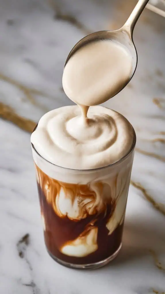  rich, thick white tiramisu cream being gently spooned over a tall glass of cold brew coffee