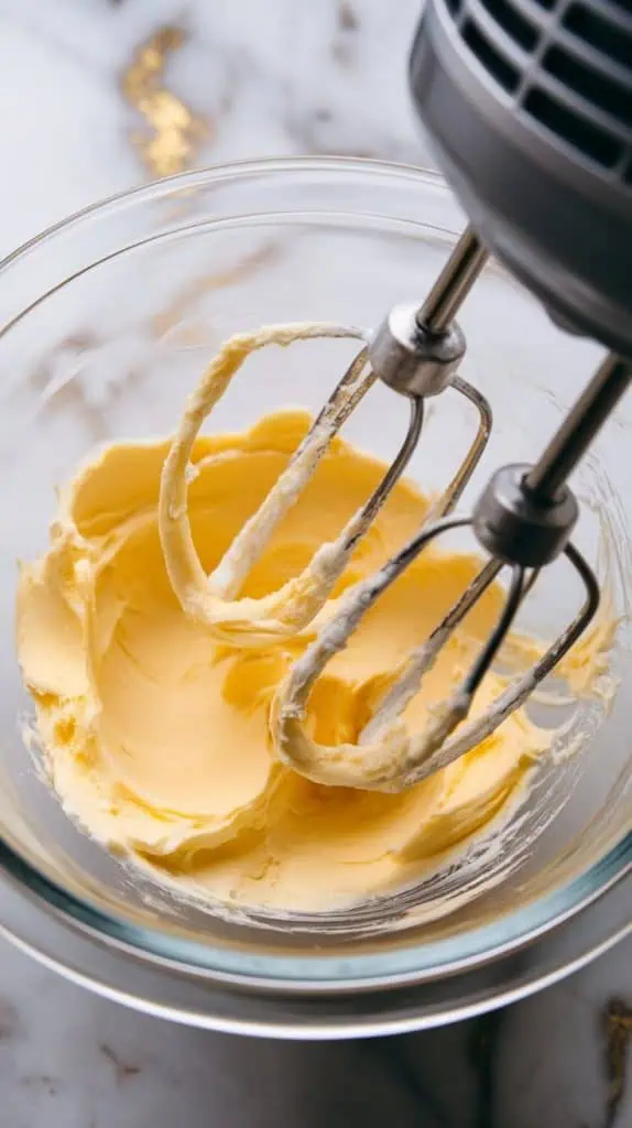 softened butter being whipped in a glass mixing bowl with a hand mixer, showing its smooth and creamy texture