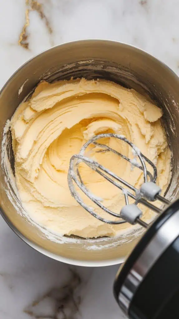 a mixing bowl with softened butter and granulated sugar being whipped with a hand mixer