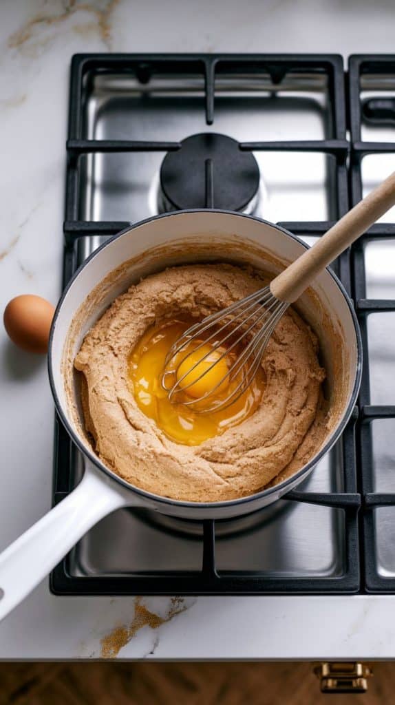 a mixing bowl with warm dough in a white saucepan on a fired stainless steel gas stove, and a cracked egg being whisked in