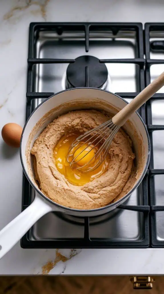 a mixing bowl with warm dough in a white saucepan on a fired stainless steel gas stove, and a cracked egg being whisked in