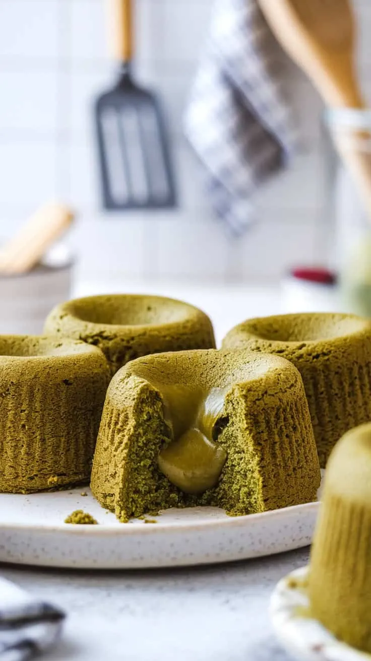 Matcha green tea molten lava cakes on a plate, some cut open to reveal the gooey center.