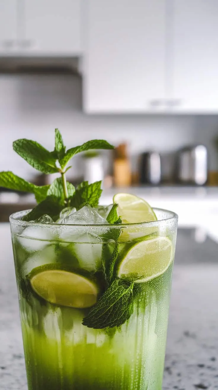 A refreshing Matcha Mojito with mint and lime