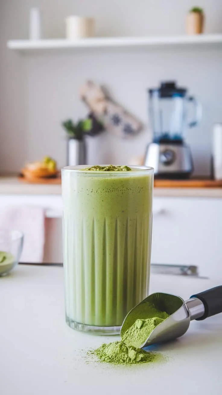 A refreshing matcha protein shake in a tall glass with matcha powder beside it.