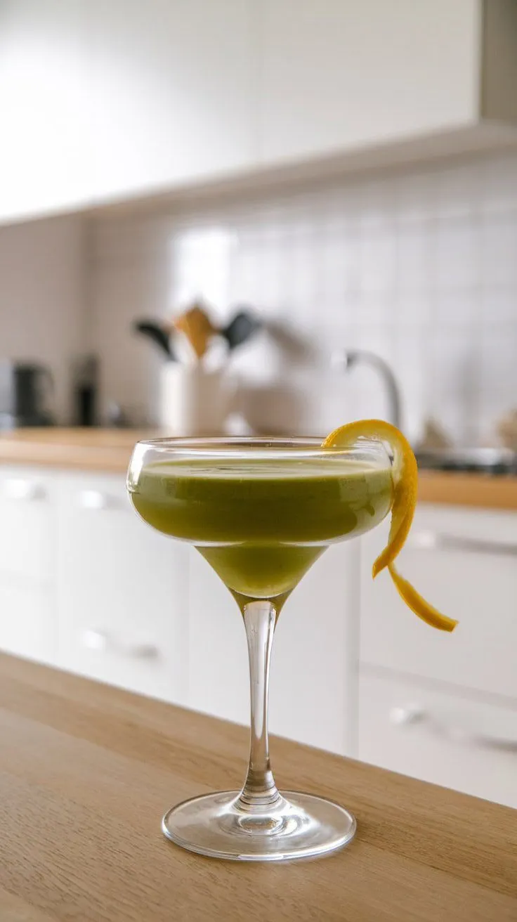 A vibrant Matcha Green Tea Cocktail garnished with a lemon twist.