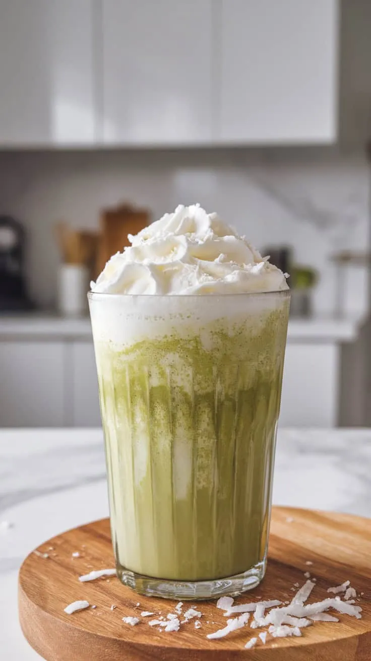 A tall glass of Coconut Matcha Frappuccino topped with whipped cream and coconut flakes.