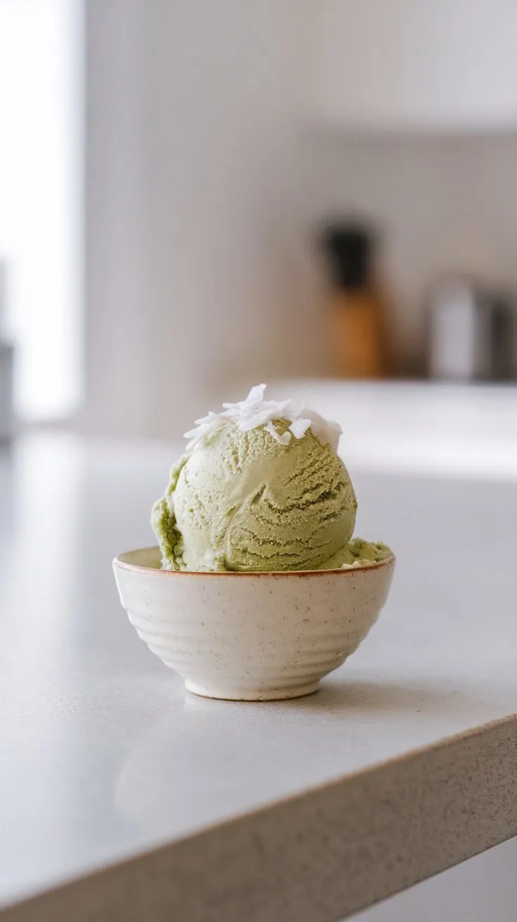 A scoop of creamy matcha coconut ice cream topped with coconut flakes in a bowl.