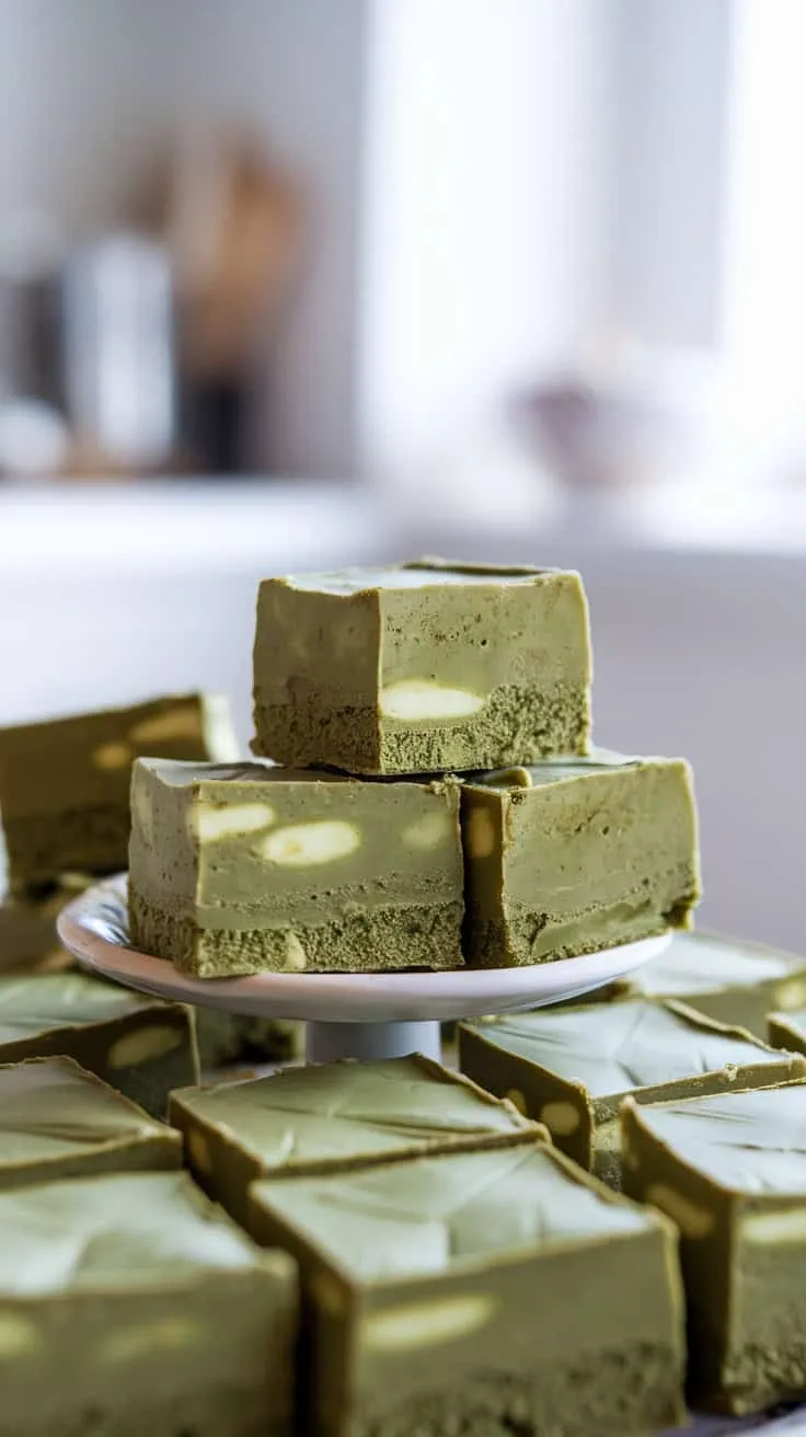 A plate of matcha white chocolate fudge stacked neatly.