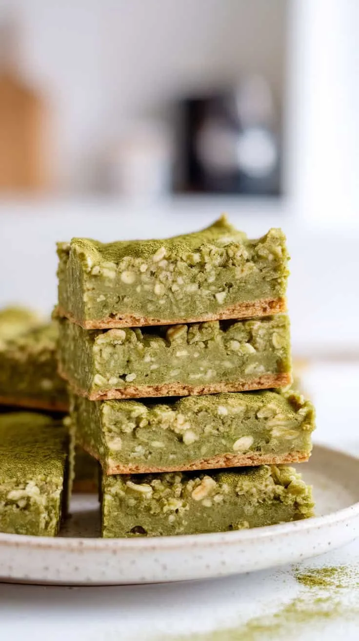 Stack of no-bake matcha oatmeal bars on a plate