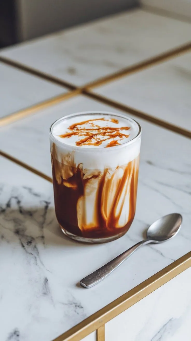 A glass of salted caramel cold foam cold brew on a marble table.