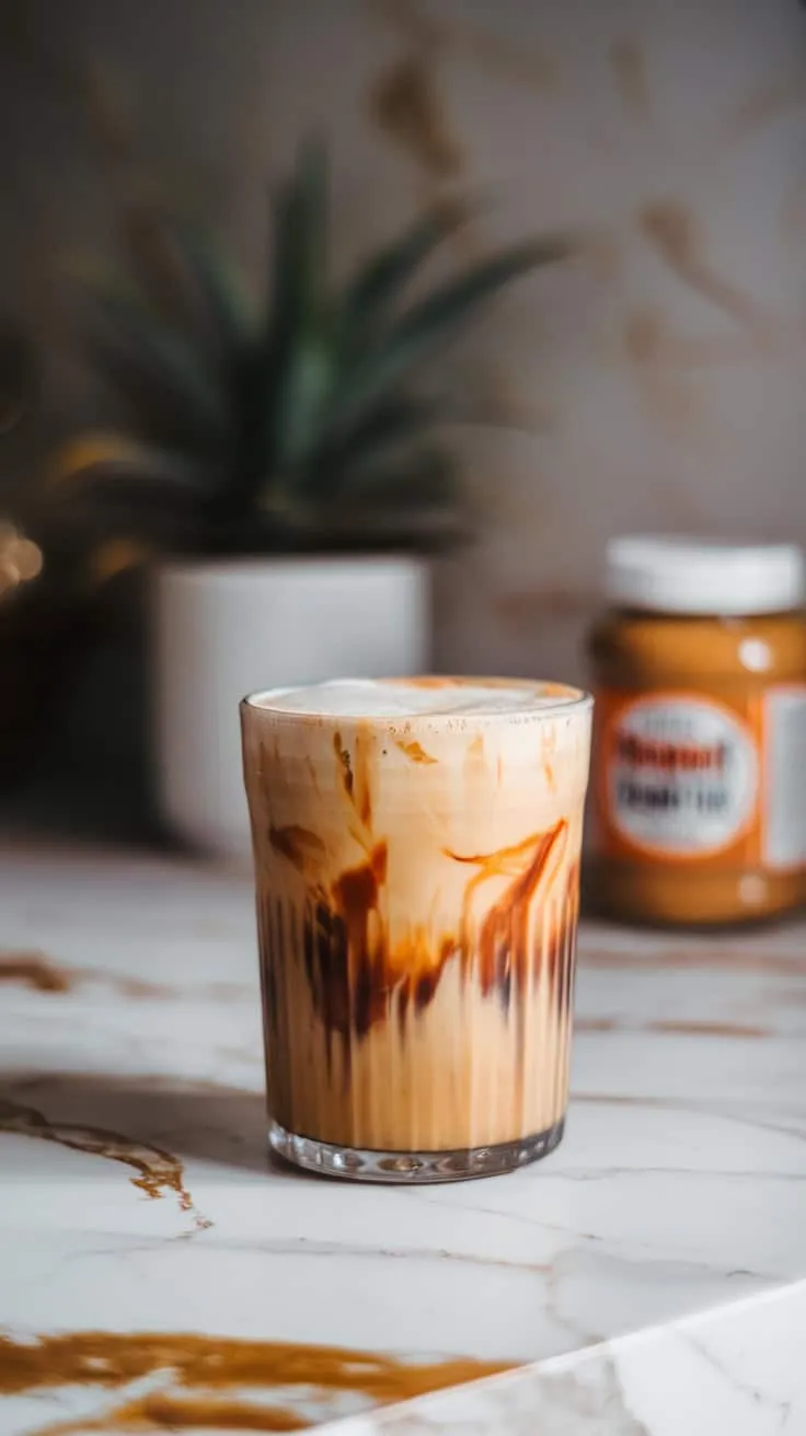 A glass of Peanut Butter Cream Cold Brew on a marble surface with a jar of peanut butter in the background.