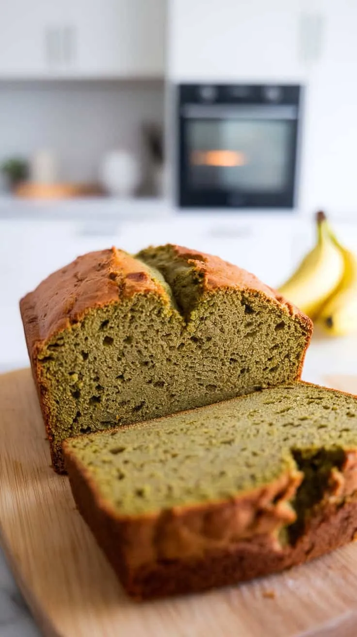 A loaf of matcha banana bread sliced on a wooden board.