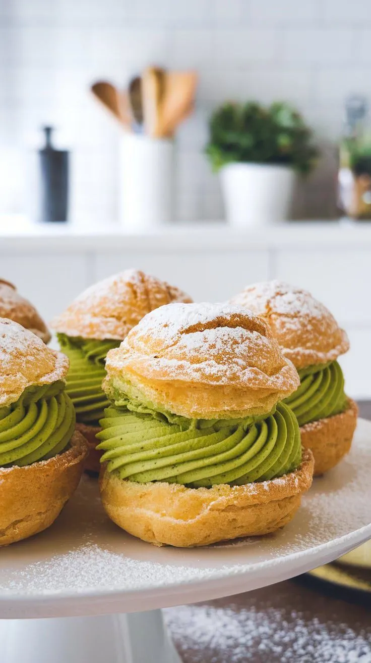 Delicious matcha cream puffs topped with powdered sugar, displayed on a plate.