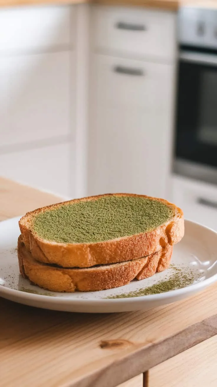 Two slices of toast topped with green matcha powder on a plate.