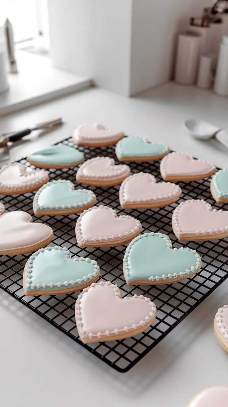 Delicious heart-shaped sugar cookies on a cooling rack