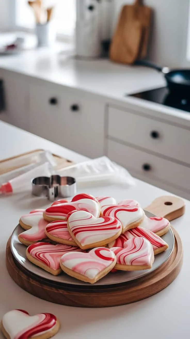Plate of marbled heart cookies in pink and white icing