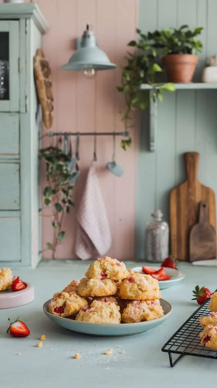 Plate of strawberry shortcake cookies with fresh strawberries.