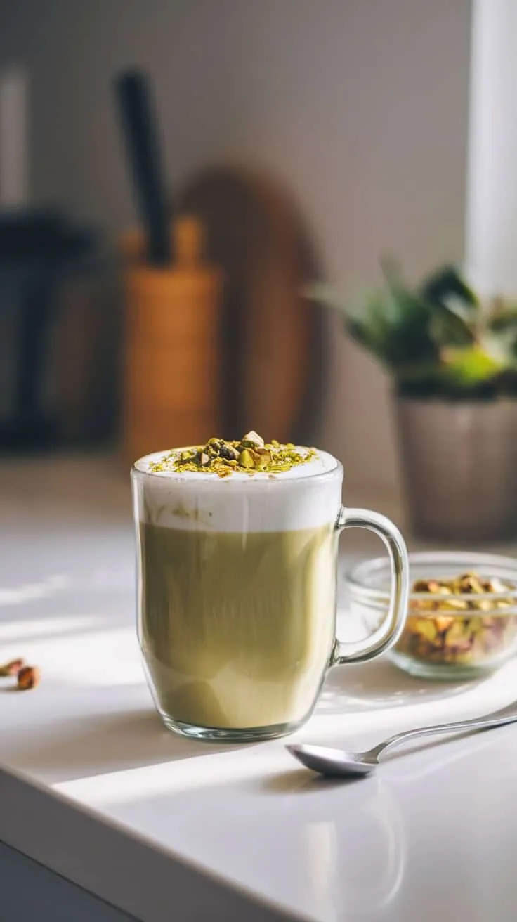 A glass of pistachio matcha latte topped with crushed pistachios sitting on a bright kitchen counter.