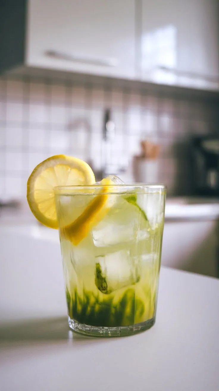 A glass of refreshing matcha lemonade with lemon slices and ice.