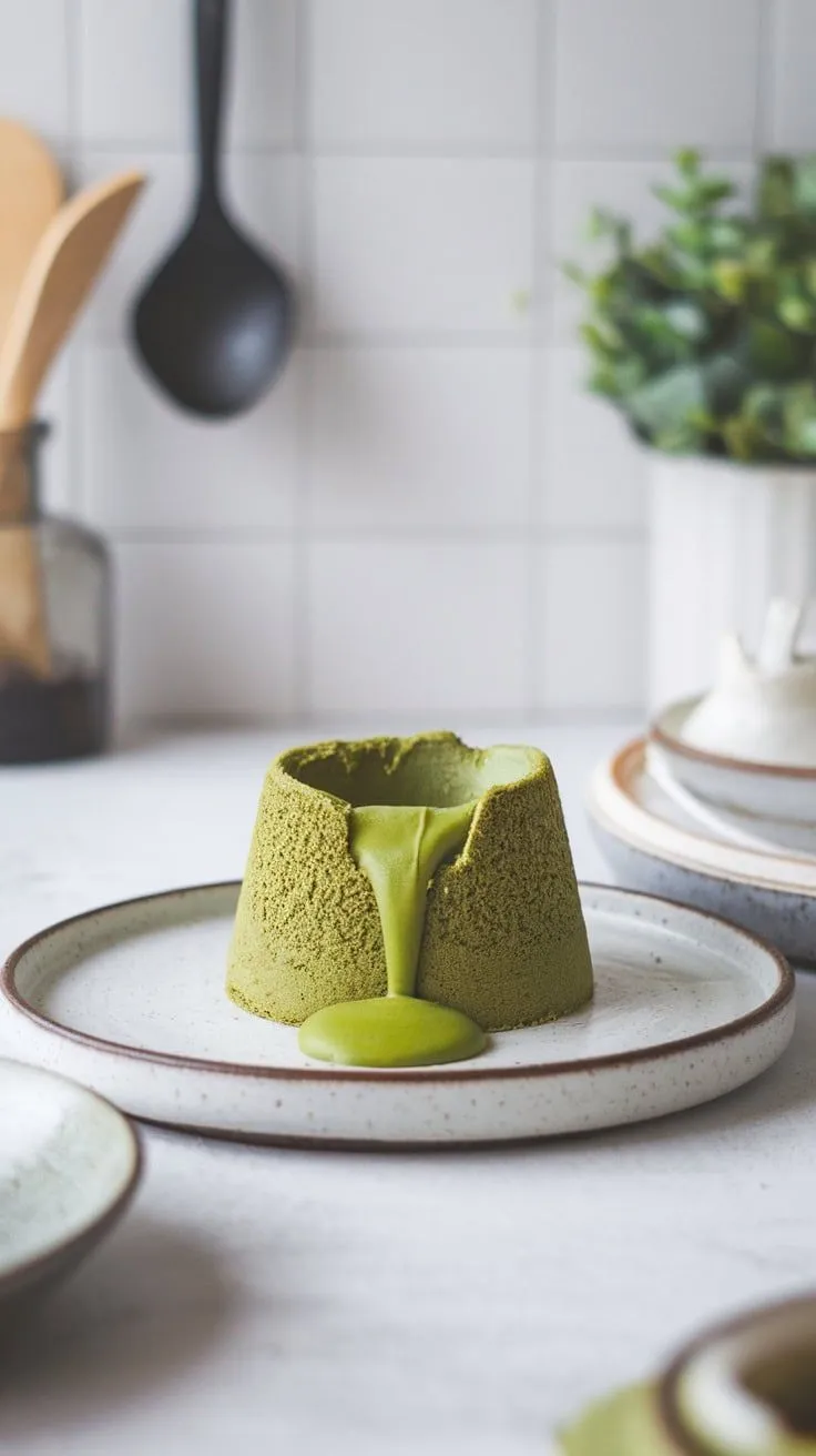 A matcha green tea molten lava cake with green sauce flowing from the center, placed on a simple plate.