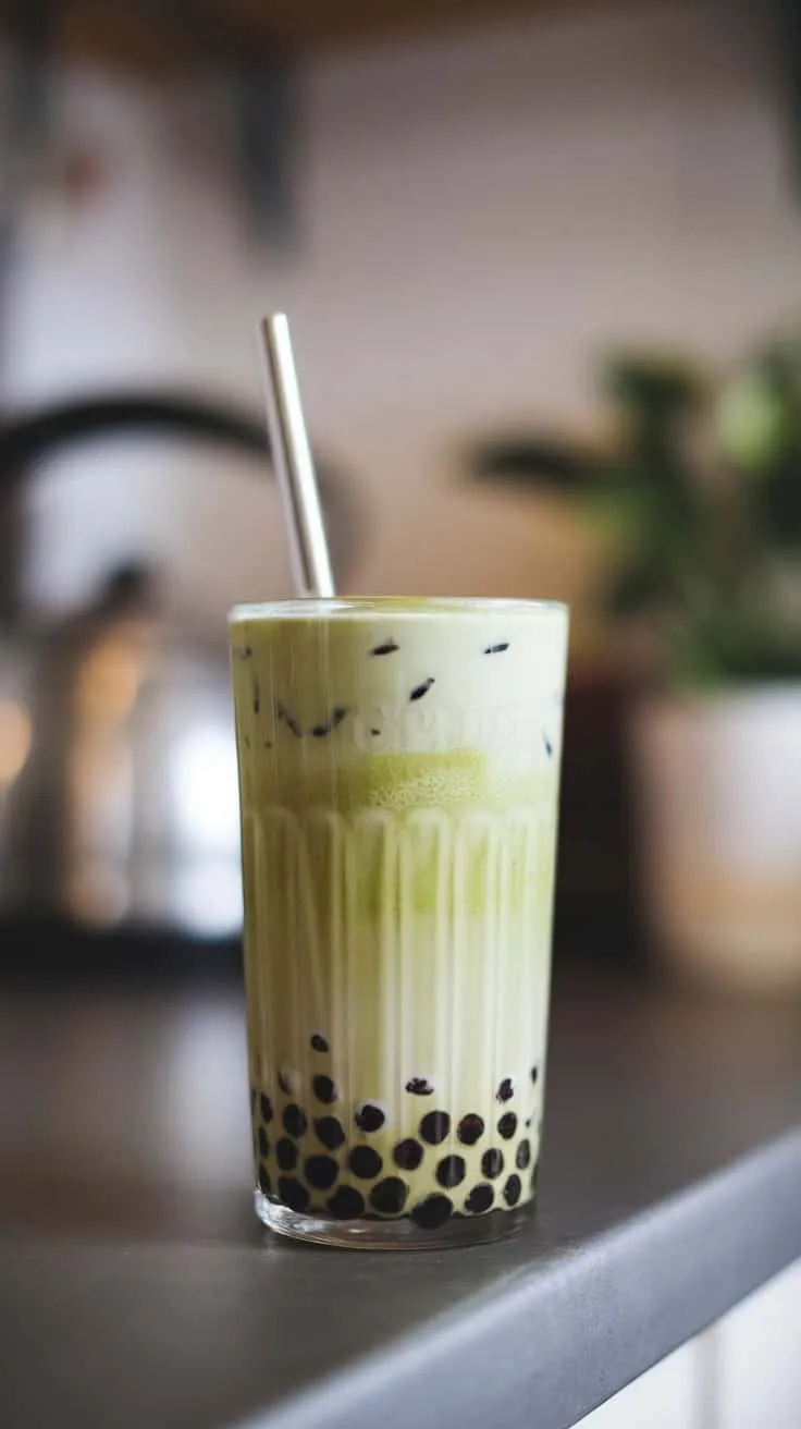 A glass of matcha bubble tea with tapioca pearls