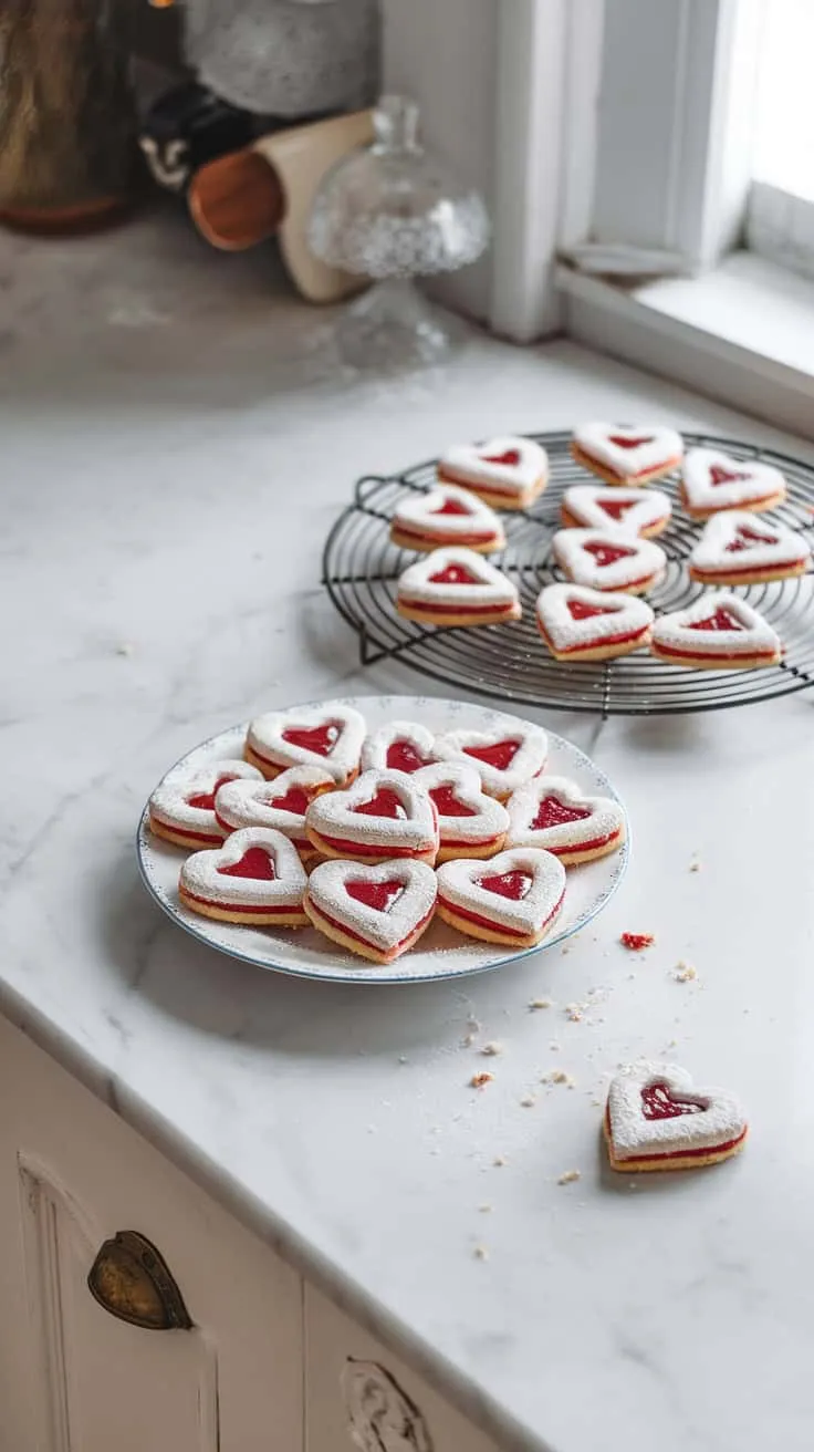 Delicious heart-shaped Linzer cookies filled with jam and dusted with powdered sugar