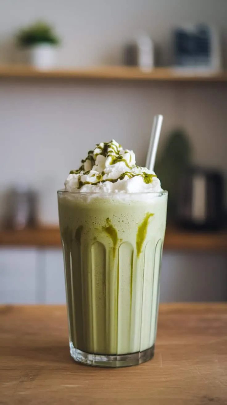 A creamy matcha milkshake topped with whipped cream and drizzled with matcha sauce.