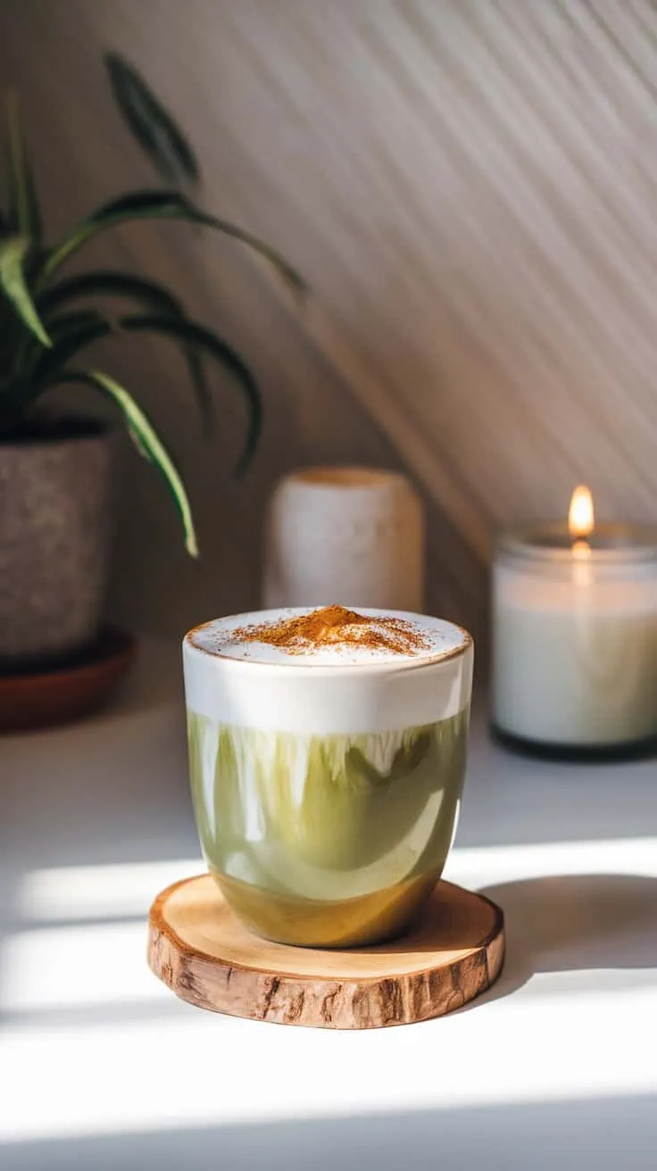 A beautifully crafted Cinnamon Matcha Latte in a cozy setting