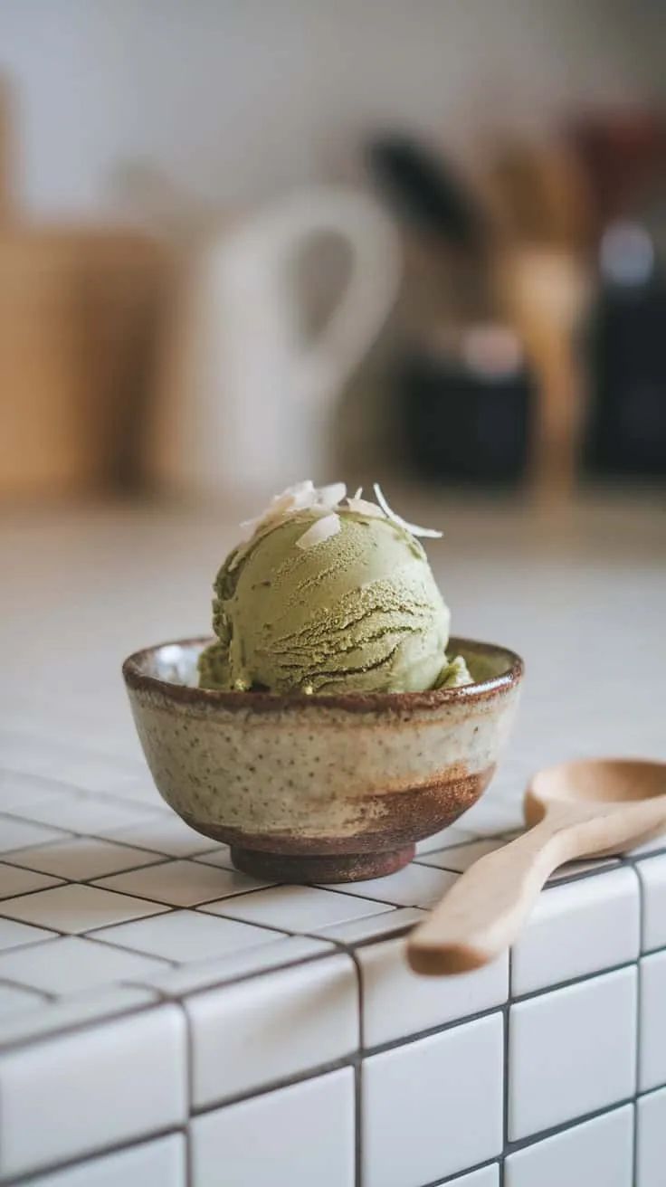 Bowl of creamy matcha coconut ice cream topped with coconut flakes.