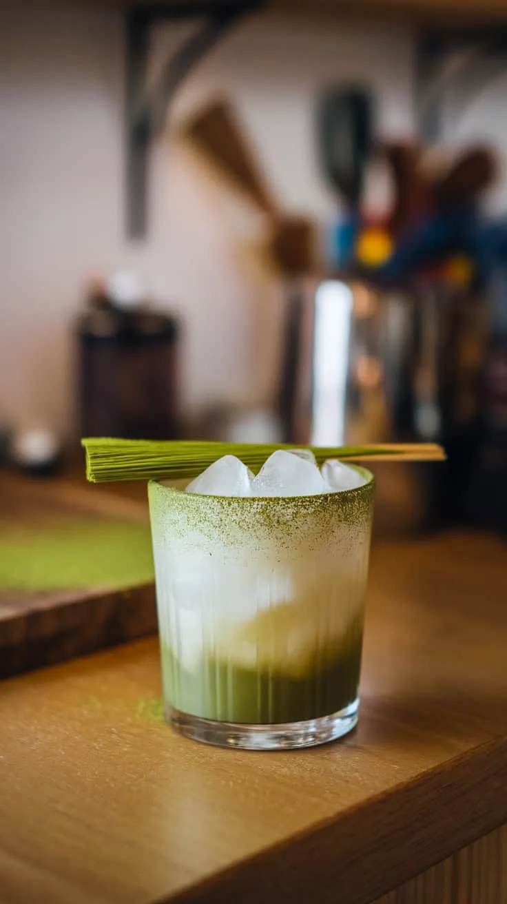 A Matcha White Russian cocktail served in a glass with ice and a decorative garnish