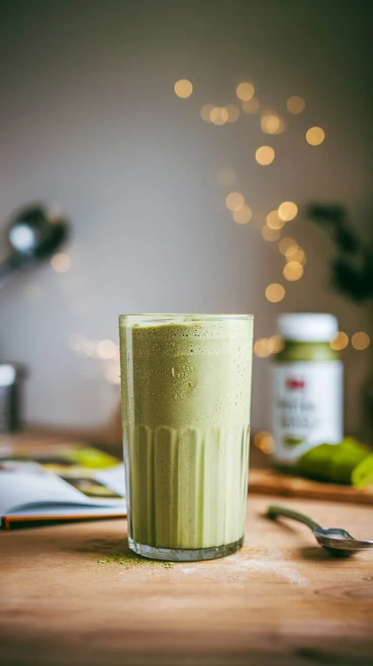 A refreshing matcha protein shake in a glass with a sprinkle of matcha powder around it.