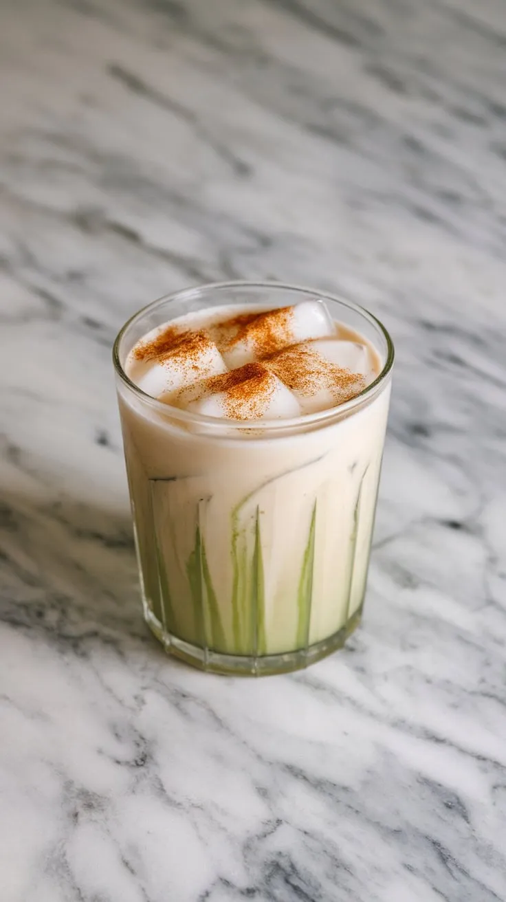 A glass of Matcha Horchata with ice and a sprinkle of cinnamon on top.