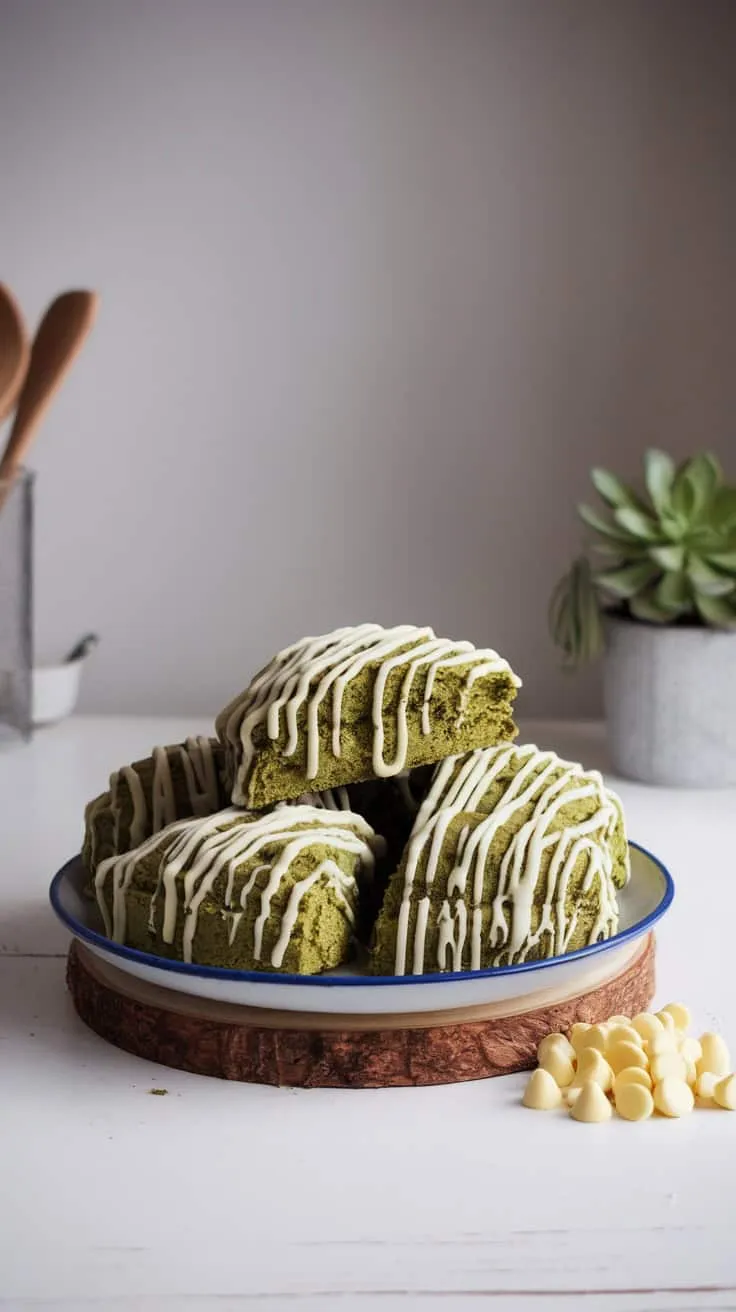 Plate of matcha white chocolate scones with a drizzle of white chocolate on top