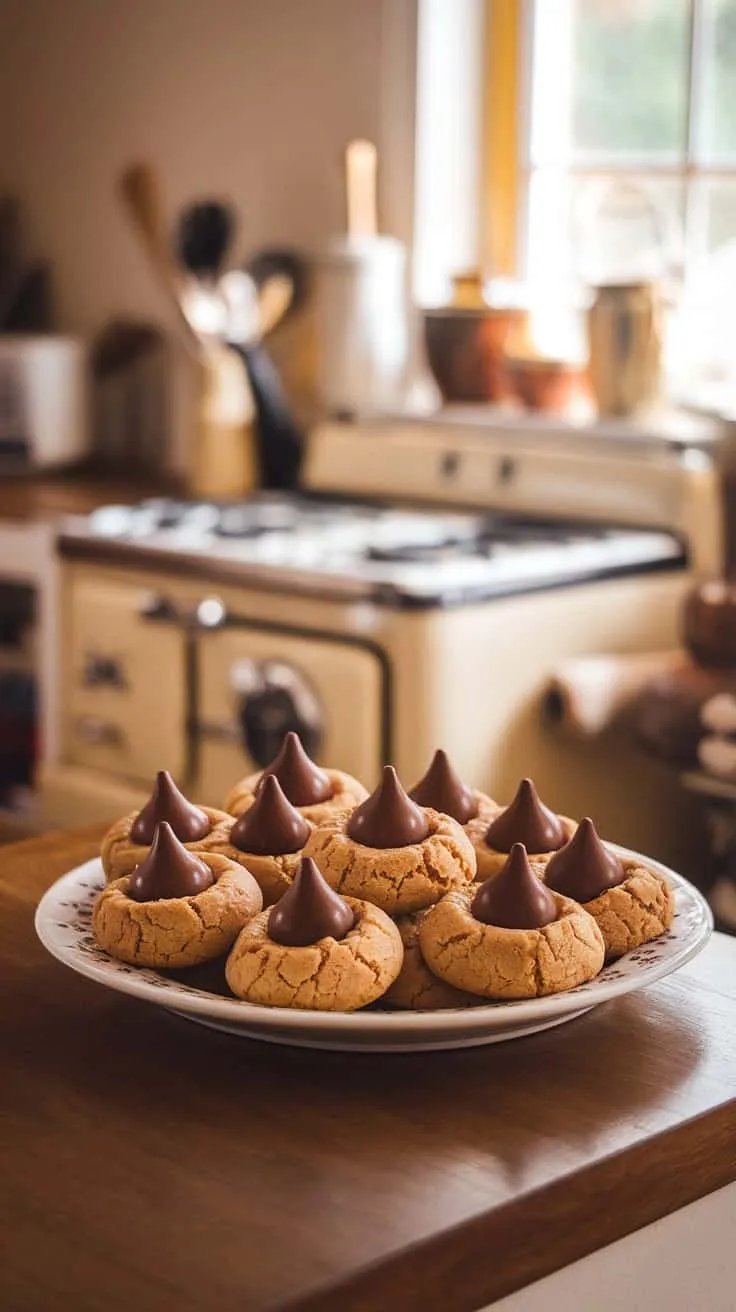 A plate of peanut butter kiss cookies topped with chocolate kisses.