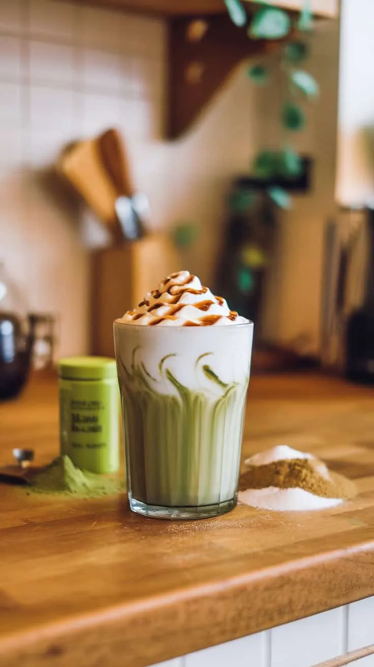 A delicious iced brown sugar matcha latte topped with whipped cream and caramel drizzle.