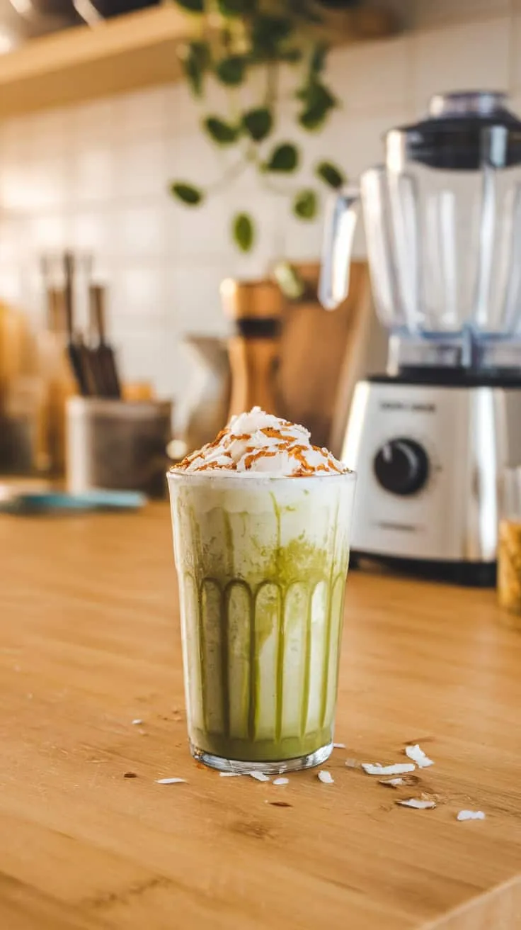 A delicious coconut matcha frappuccino topped with whipped cream and toasted coconut, sitting on a wooden table with a blender in the background.