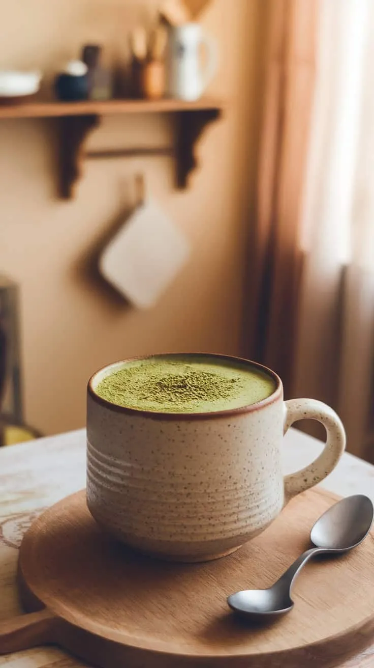 A cozy cup of matcha hot chocolate in a speckled mug on a wooden tray.