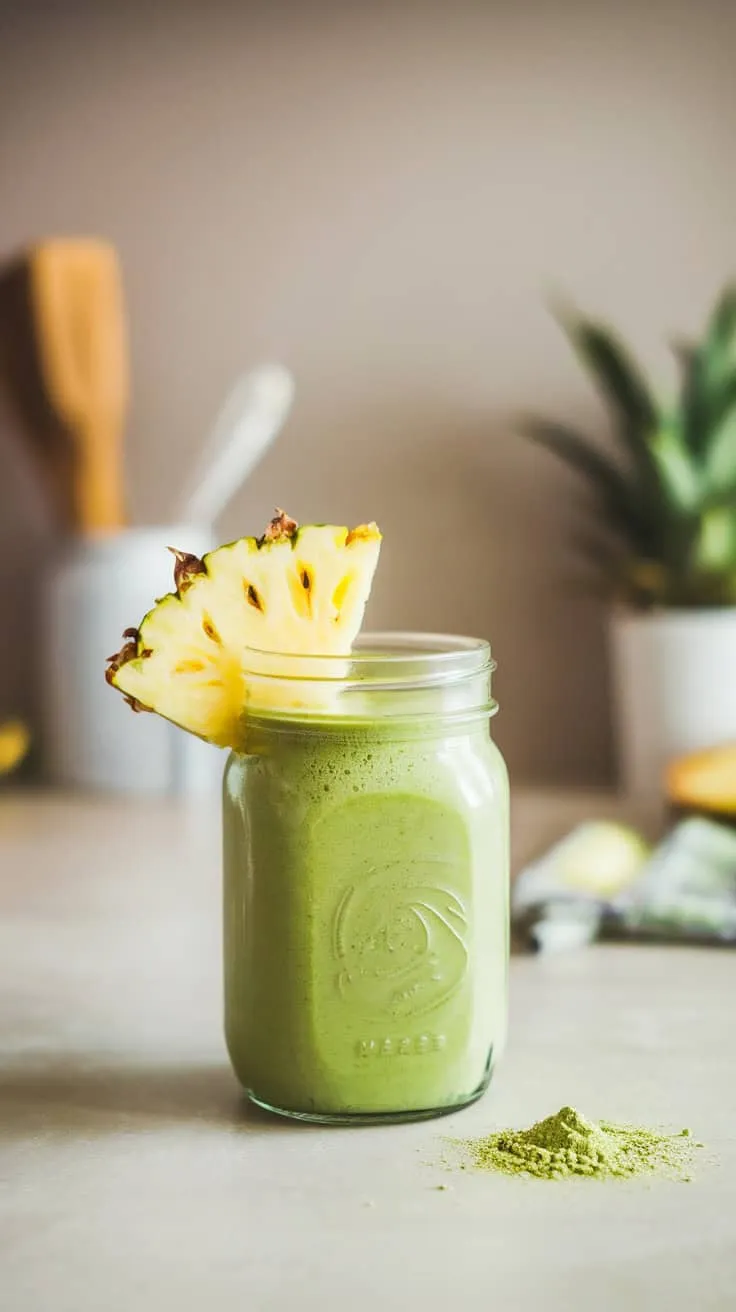 A refreshing pineapple matcha green smoothie in a jar with a slice of pineapple on top.